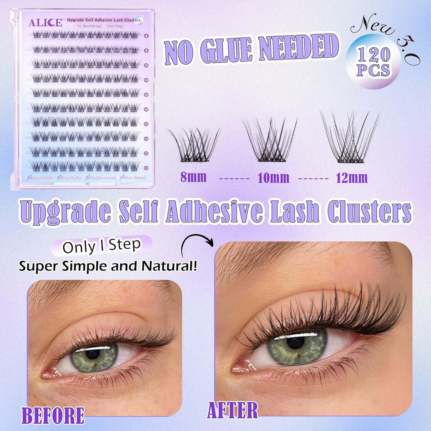 Self Adhesive Eyelashes Reusable Natural Self Adhesive Lash Clusters Wispy Press on Lashes Pre-Glue 8-12Mm 120Pcs C Curl DIY Eyelash Extensions Kit No Glue Needed by