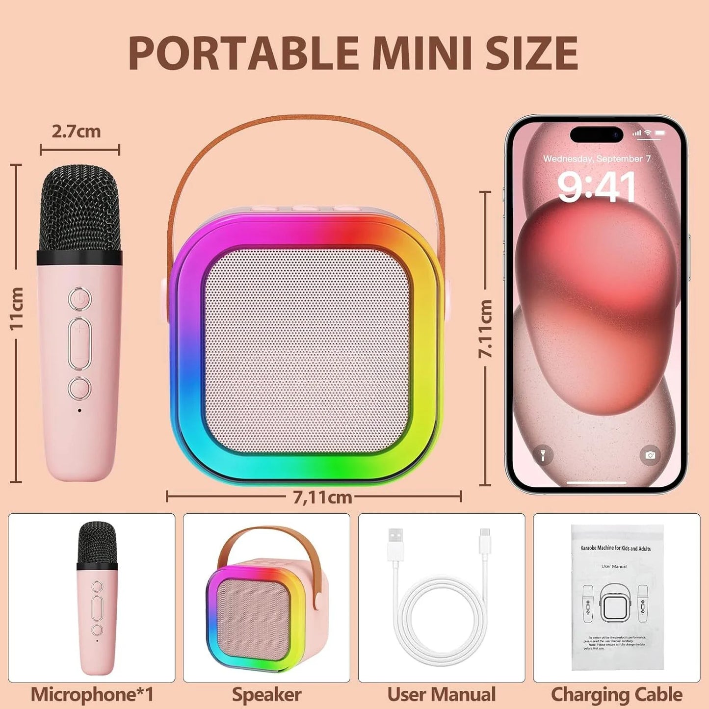 Karaoke Machine, Karaoke Machine for Kids Adults, Colorful LED Portable Bluetooth Speaker with 2 Wireless Mics Birthday Gift for Boys and Girls, Home KTV